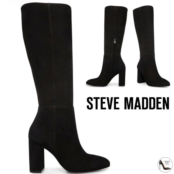 STEVE MADDEN Women's Ninny Black Nubuck Heeled Boots Pointed Toe Block heel Boot